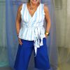 Inbetweenie size white short gray hair mature model in blue capri pants with pockets + white and blue striped cotton wrap top
